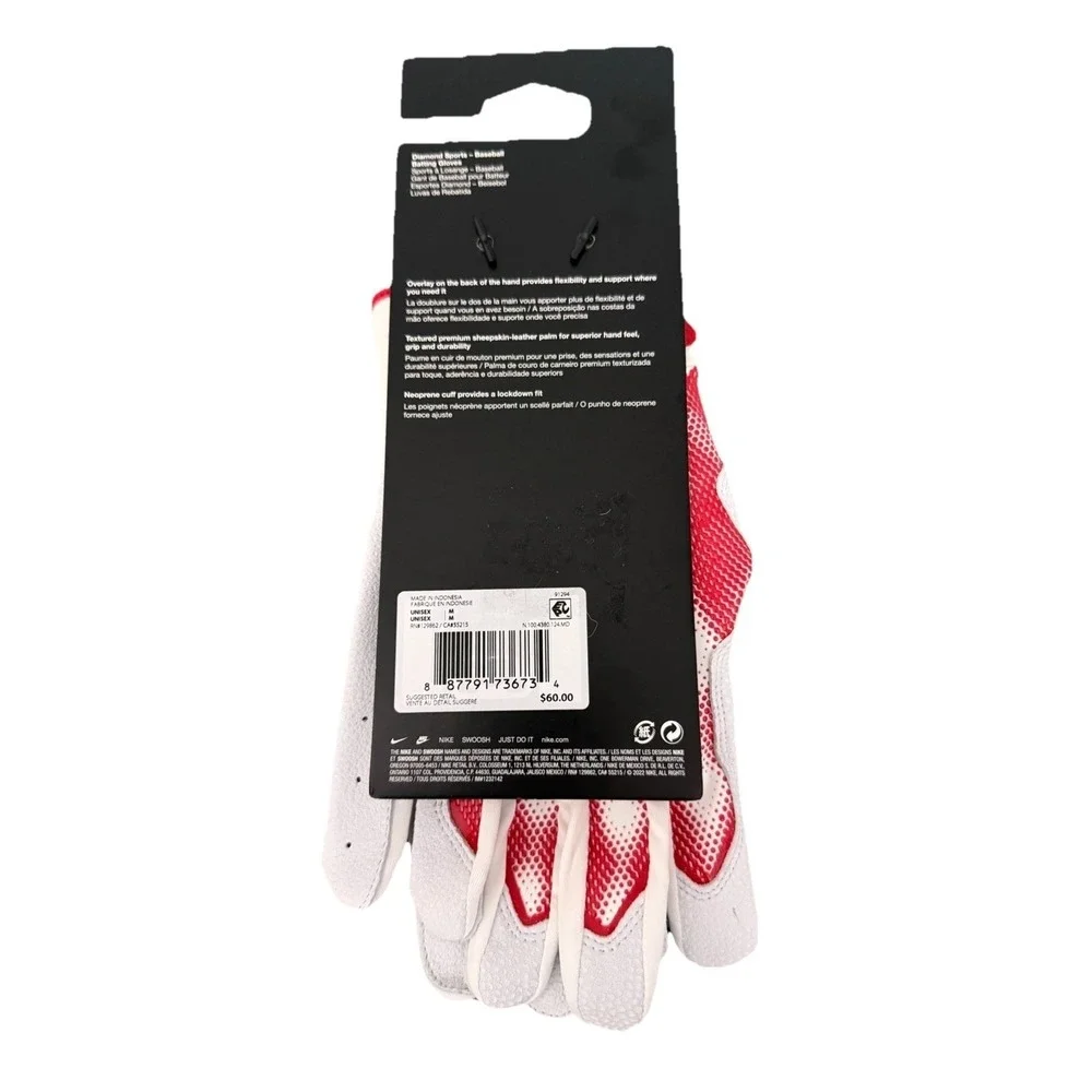 Nike Unisex's Alpha Elite Baseball‎ Batting Gloves Dri-FIT Size Medium Red White